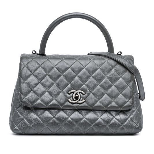 Chanel Small Quilted Aged Calfskin Coco Top Handle Bag Gray