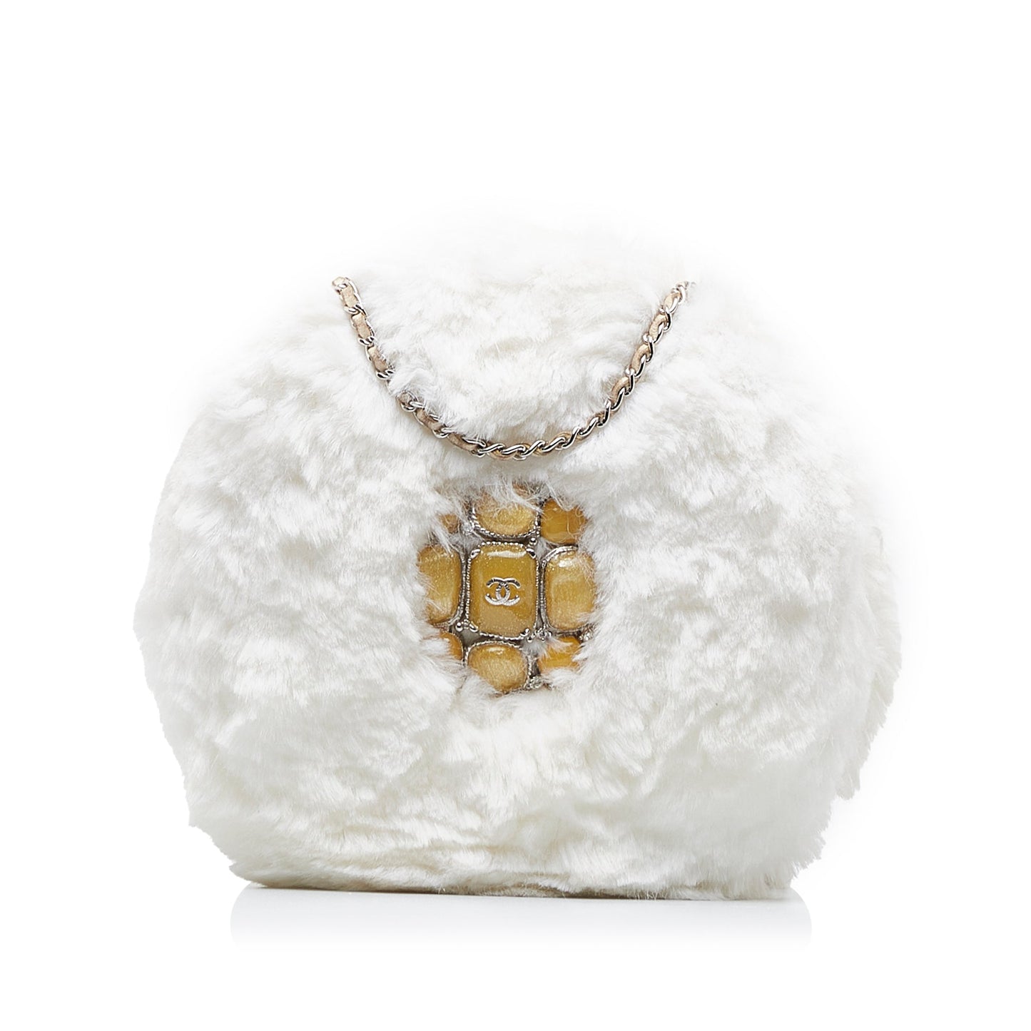 Chanel CC Crystal Embellished Faux Fur Round Crossbody White
