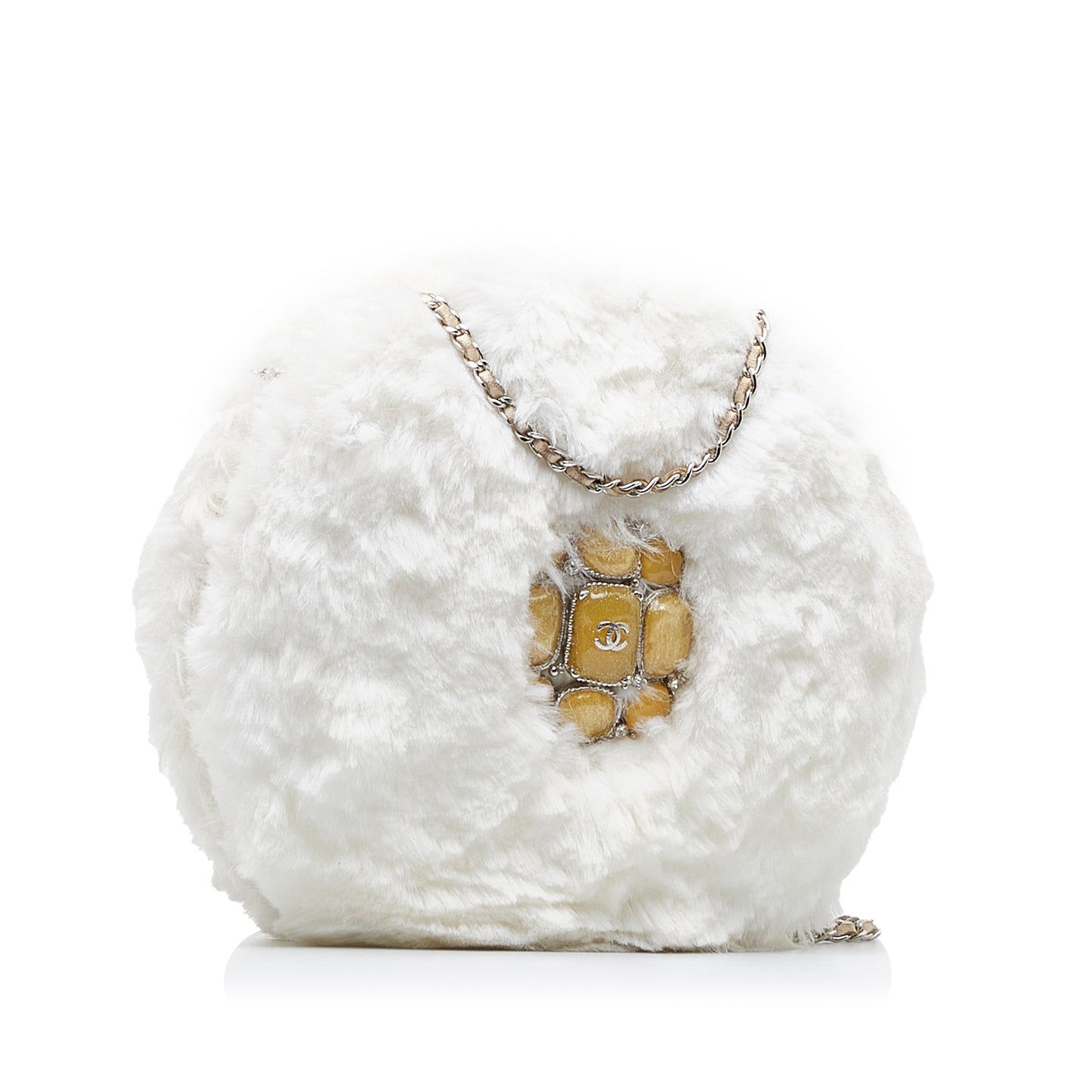 Chanel CC Crystal Embellished Faux Fur Round Crossbody White