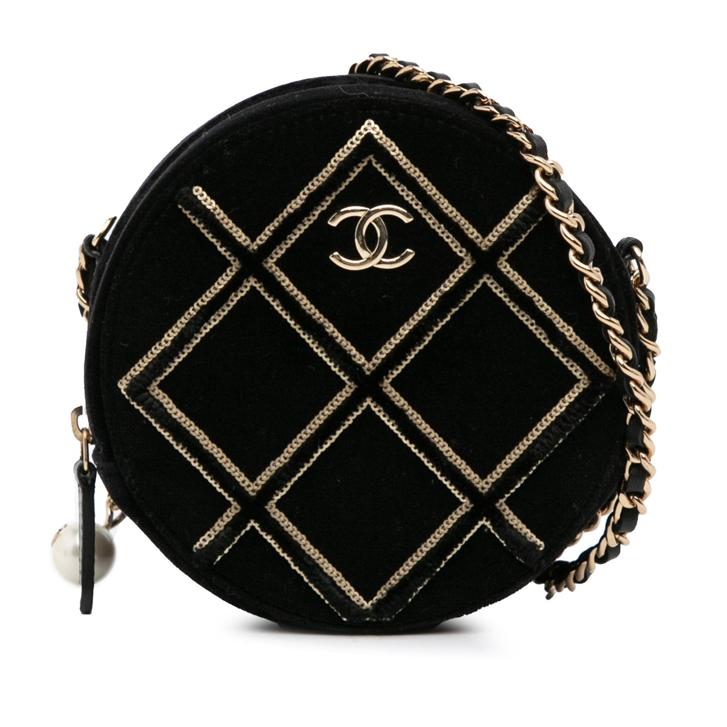 Chanel Velvet Pearl Sequin Round Crossbody Black