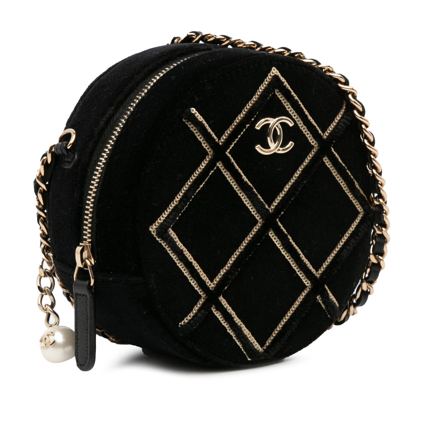 Chanel Velvet Pearl Sequin Round Crossbody Black