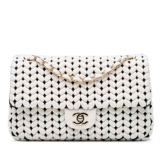 Chanel Medium Calfskin and Wool Knit Single Flap White