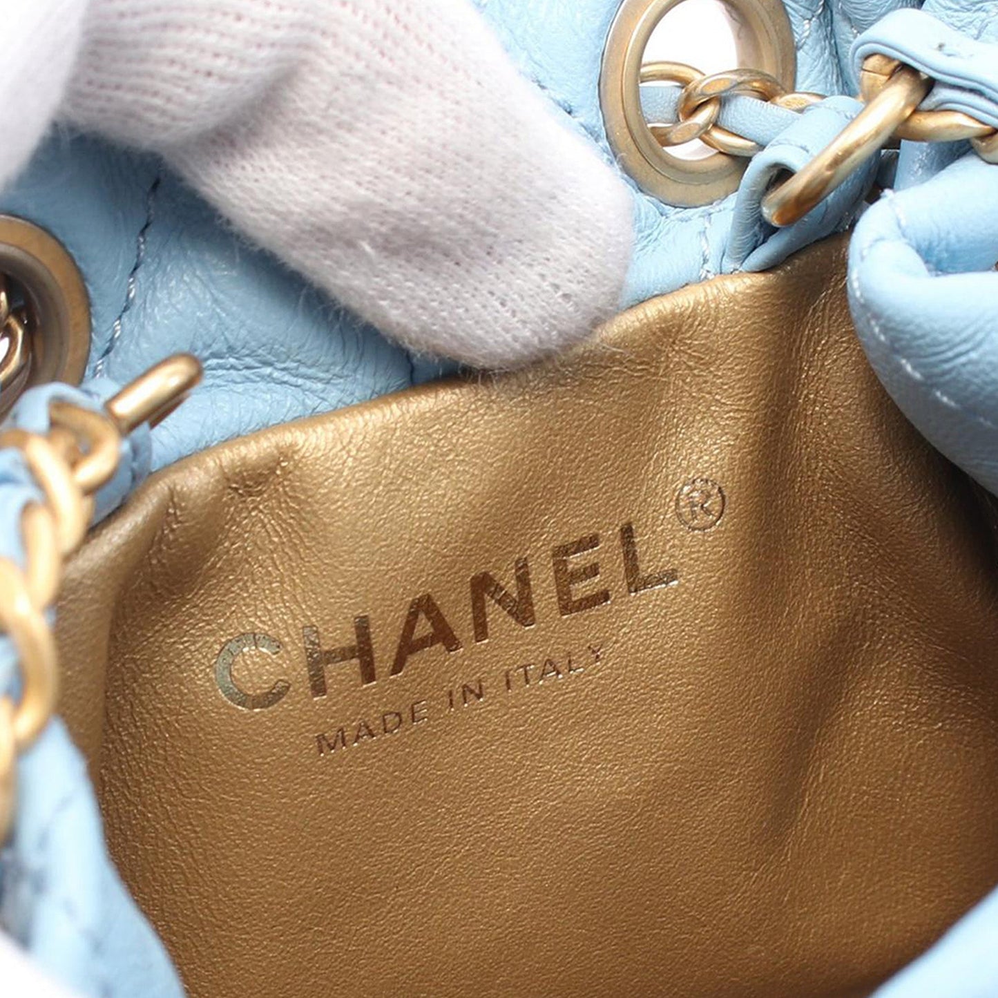 Chanel Quilted Lambskin Pearl Crush Bucket Bag Blue