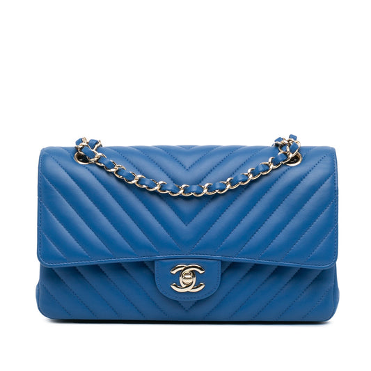 Chanel Medium Classic Chevron Lambskin Double Flap Blue