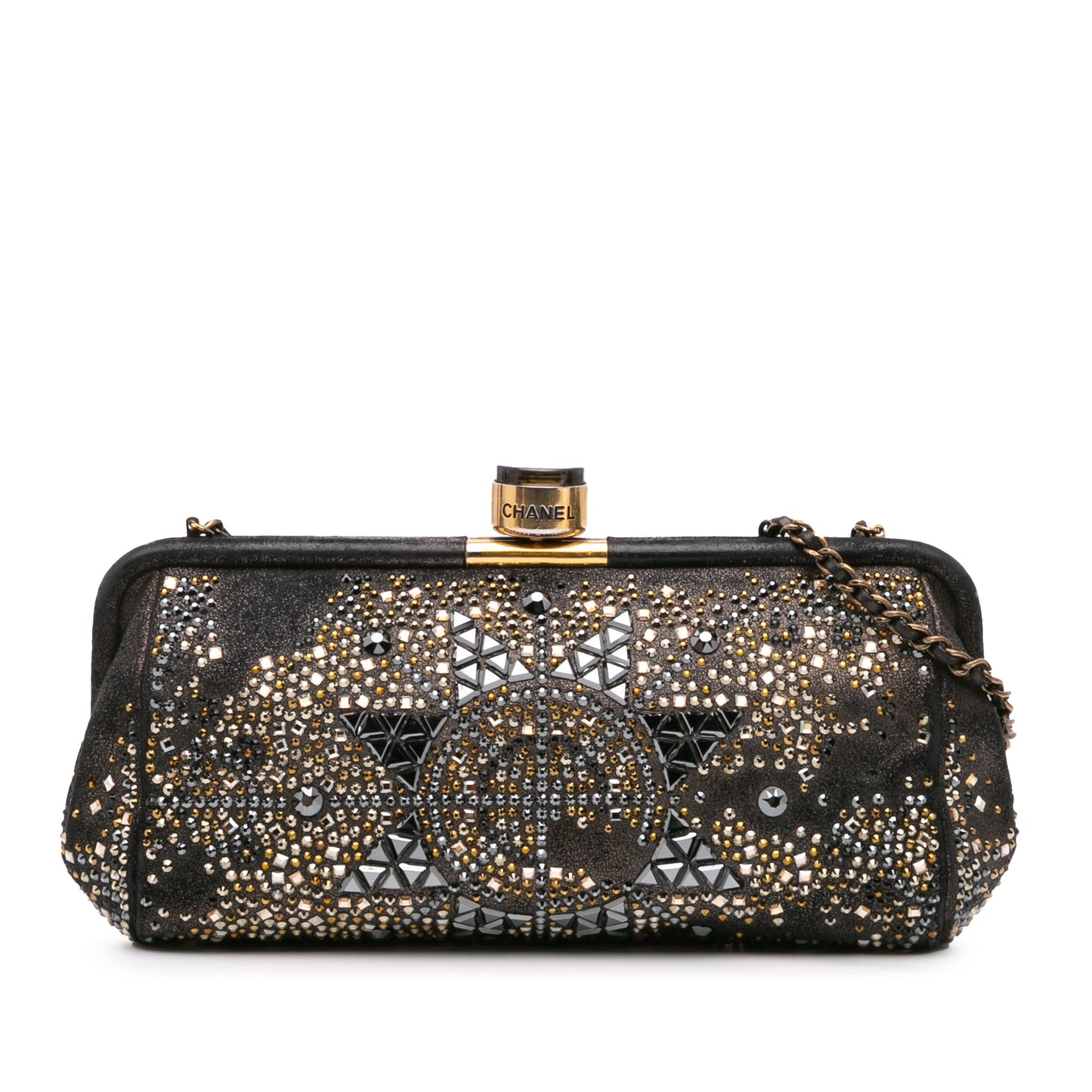 Chanel CC Glitter Lambskin Studded Frame Clutch on Chain Black