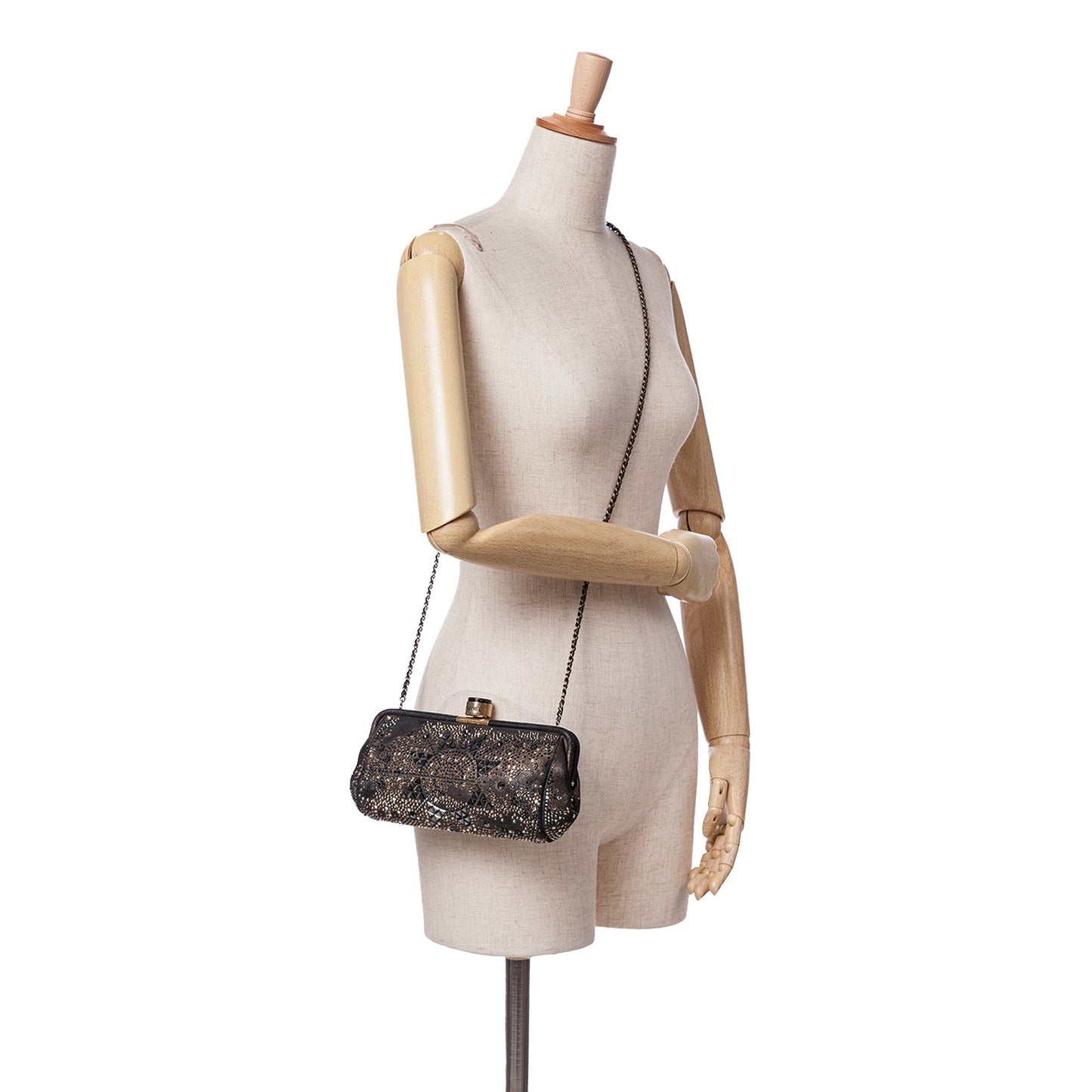 Chanel CC Glitter Lambskin Studded Frame Clutch on Chain Black