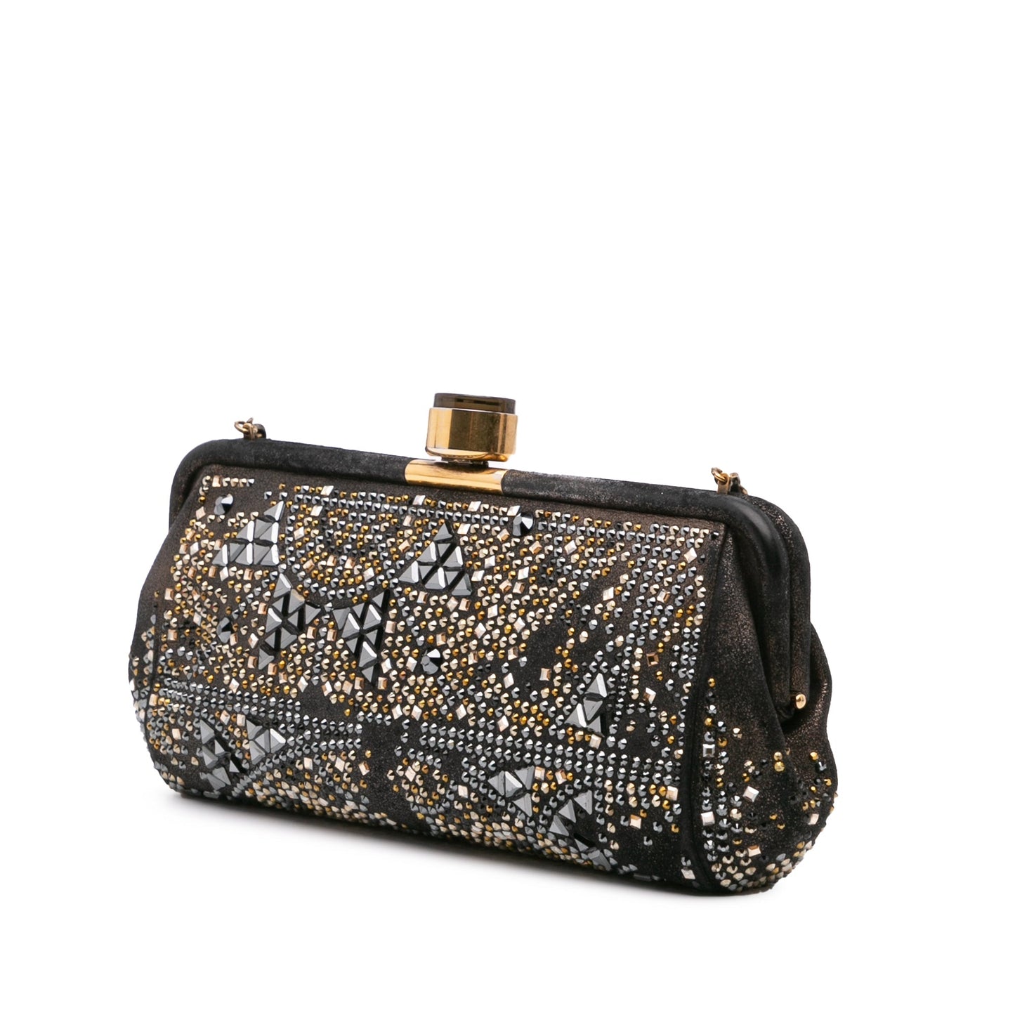 Chanel CC Glitter Lambskin Studded Frame Clutch on Chain Black