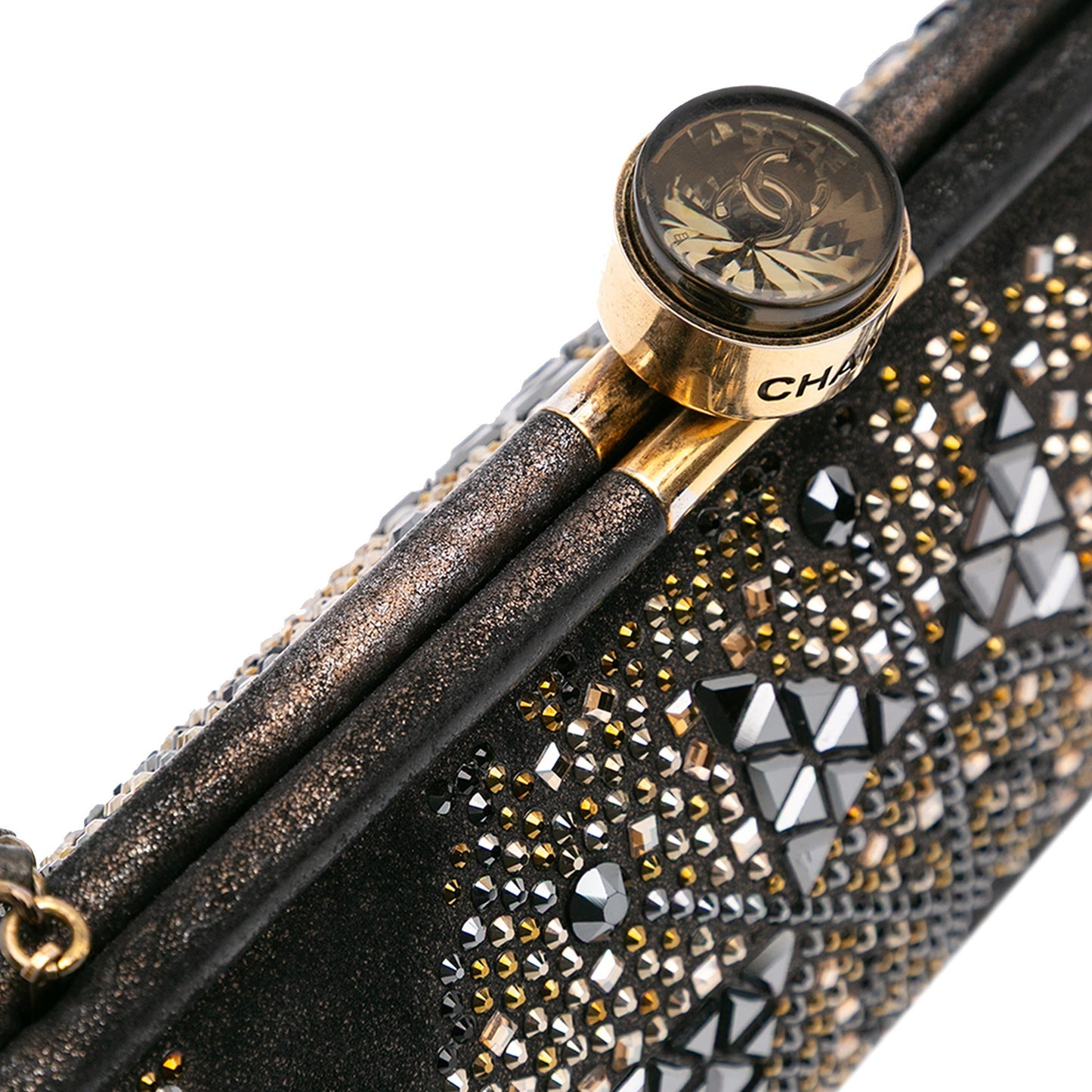 Chanel CC Glitter Lambskin Studded Frame Clutch on Chain Black