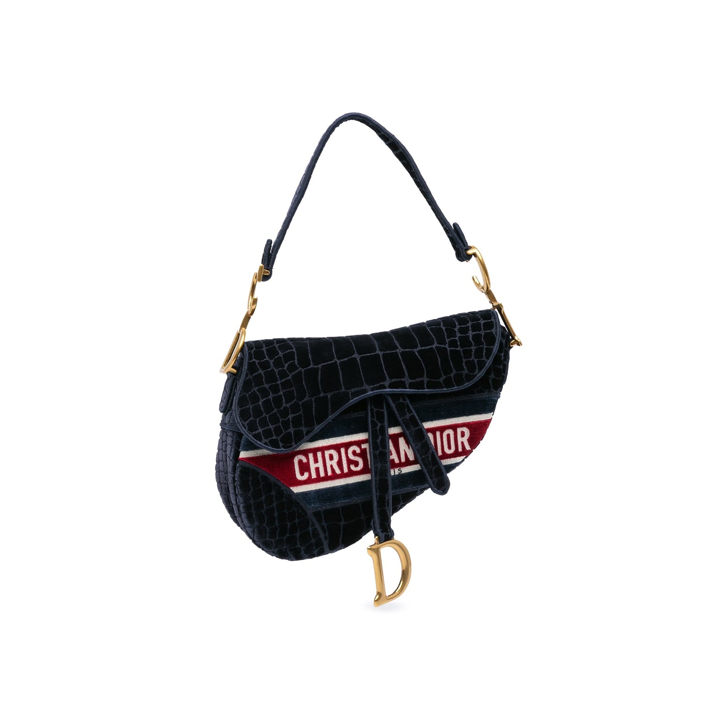 Dior Velvet Crocodile Effect Embroidered Saddle Bag Blue