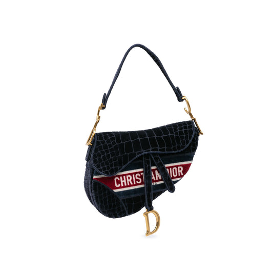 Dior Velvet Crocodile Effect Embroidered Saddle Bag Blue