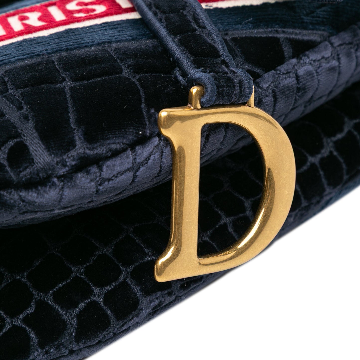 Dior Velvet Crocodile Effect Embroidered Saddle Bag Blue