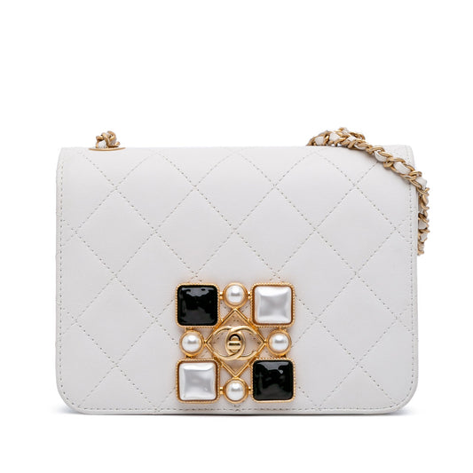 Chanel Small CC Quilted Calfskin Crystal Pearl Full Flap White