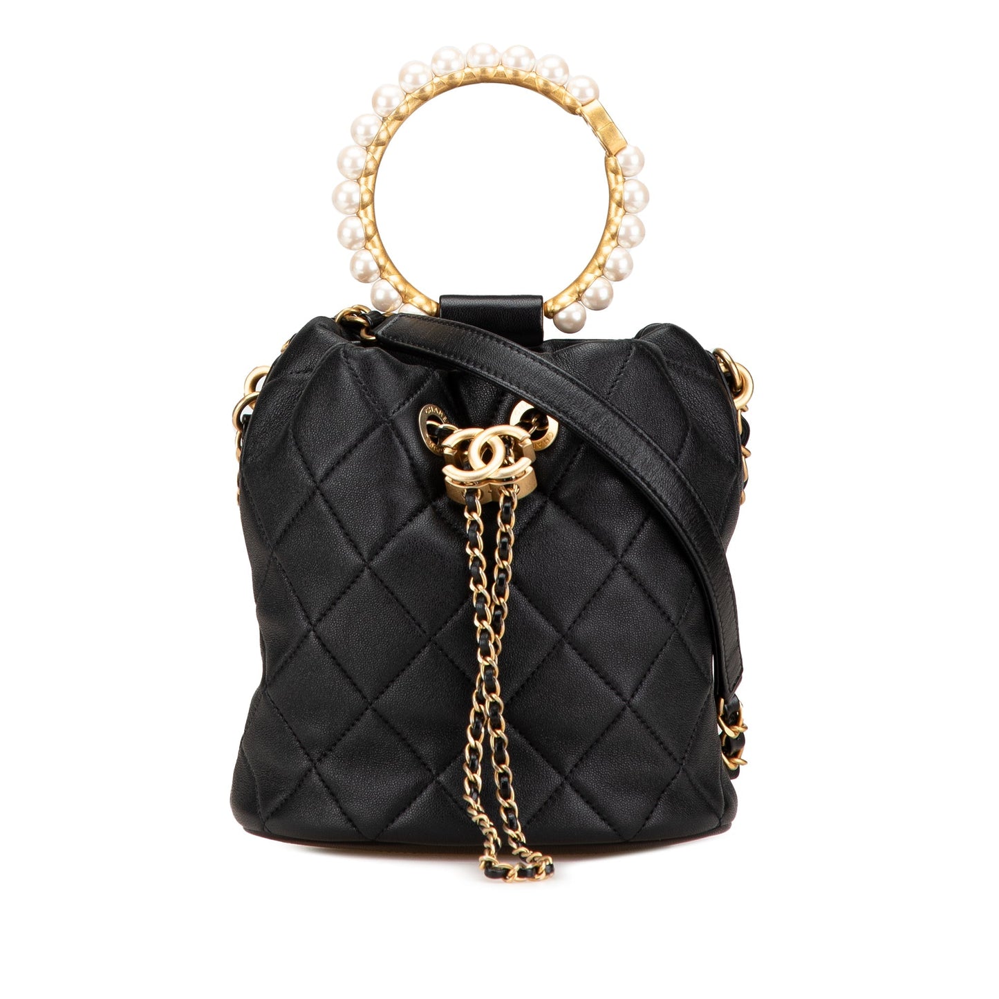 Chanel Quilted Lambskin Pearl Crown Drawstring Bucket Bag Black