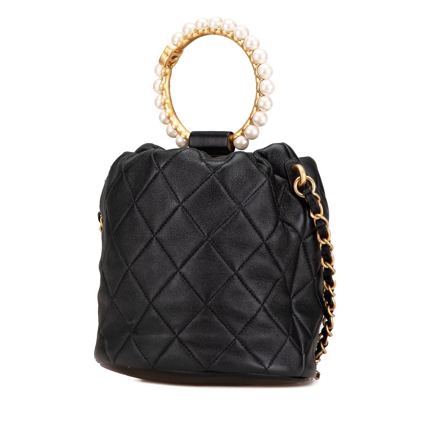 Chanel Quilted Lambskin Pearl Crown Drawstring Bucket Bag Black
