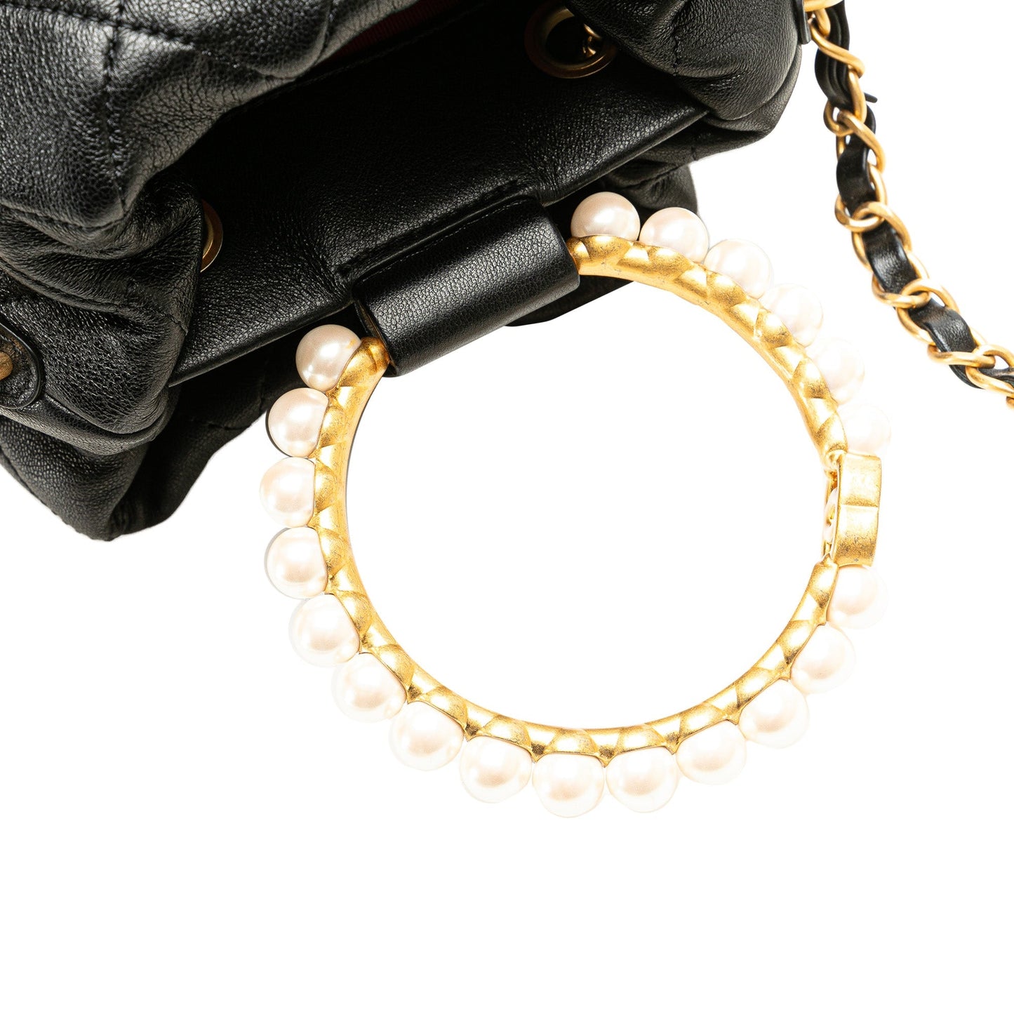 Chanel Quilted Lambskin Pearl Crown Drawstring Bucket Bag Black