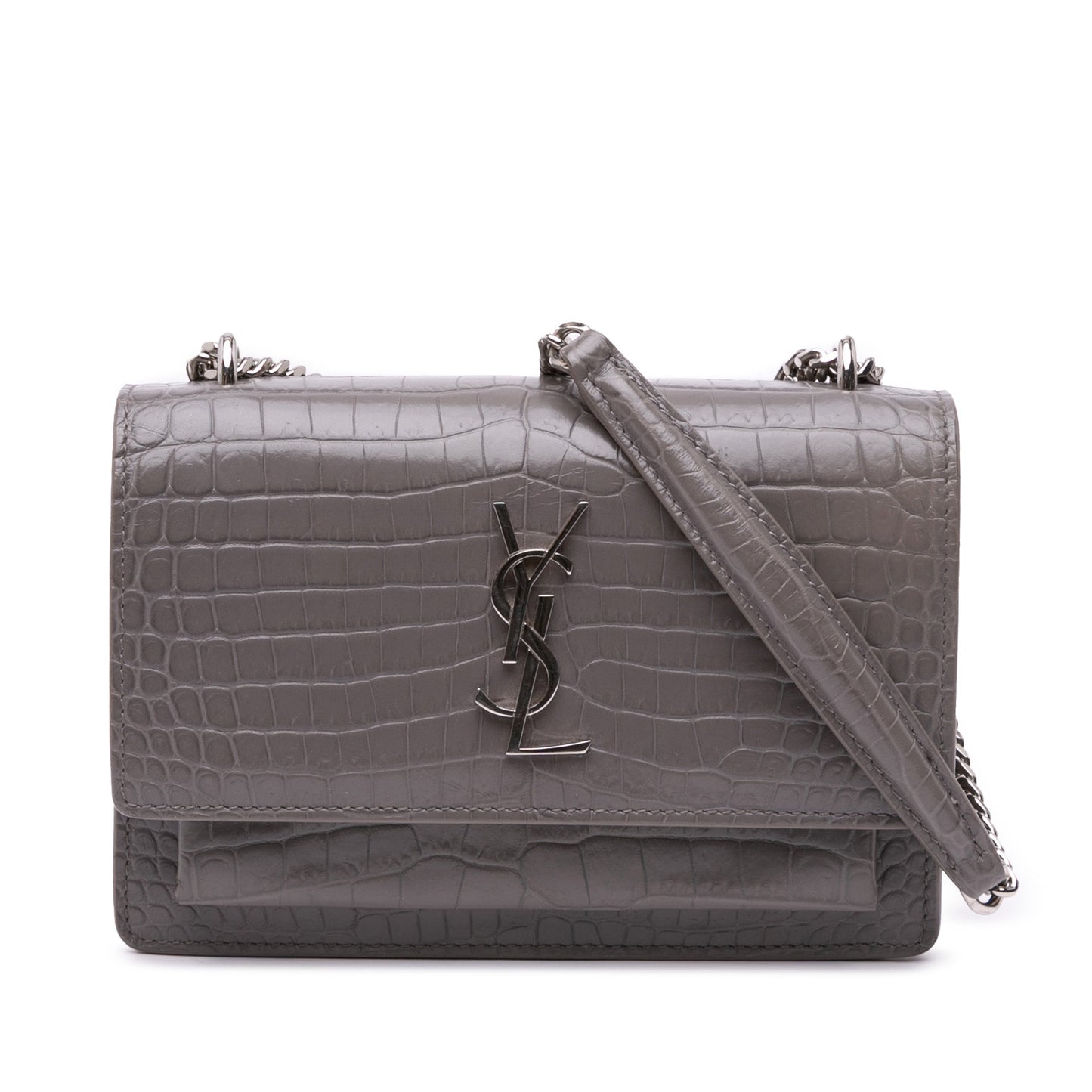 Saint Laurent Croc Embossed Leather Monogram Sunset Chain Wallet Gray