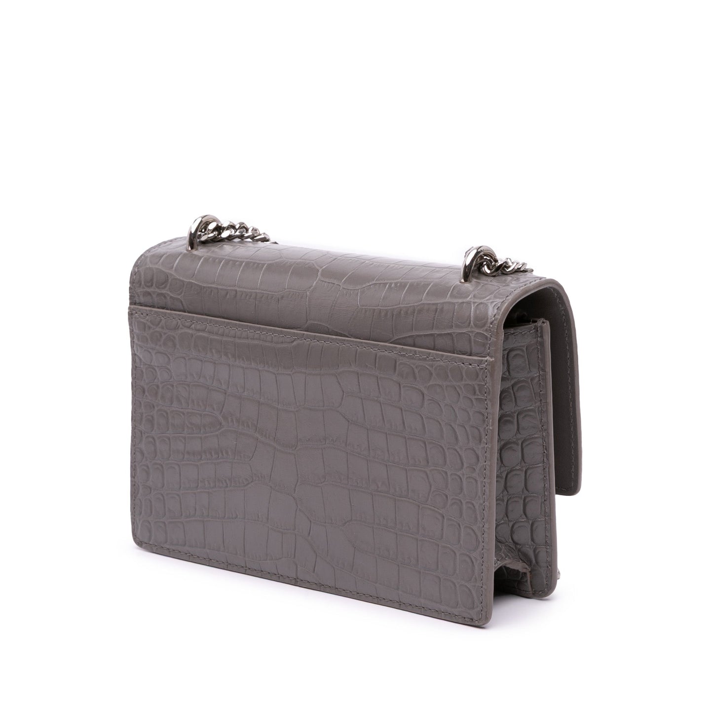 Saint Laurent Croc Embossed Leather Monogram Sunset Chain Wallet Gray
