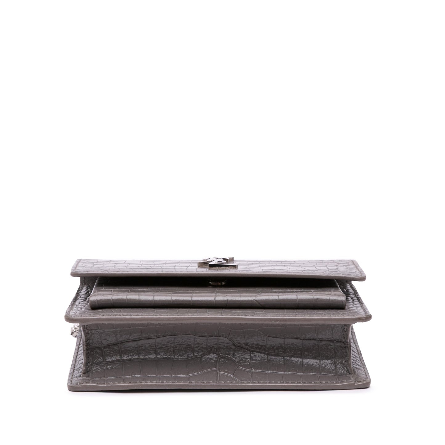 Saint Laurent Croc Embossed Leather Monogram Sunset Chain Wallet Gray