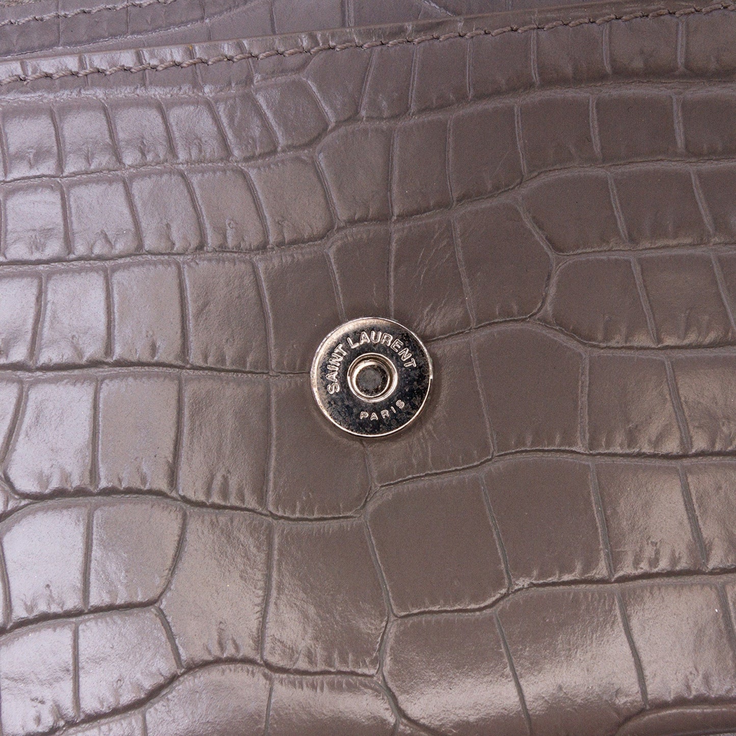 Saint Laurent Croc Embossed Leather Monogram Sunset Chain Wallet Gray