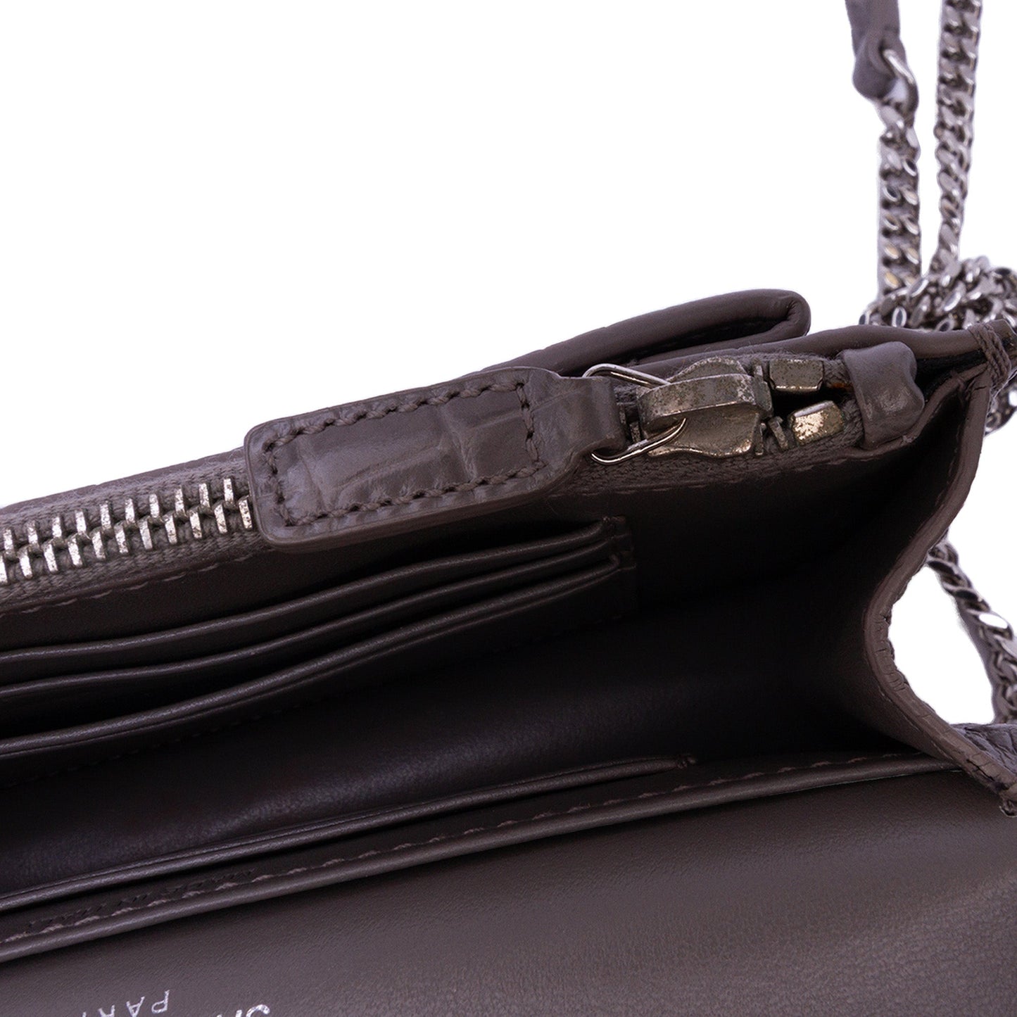 Saint Laurent Croc Embossed Leather Monogram Sunset Chain Wallet Gray