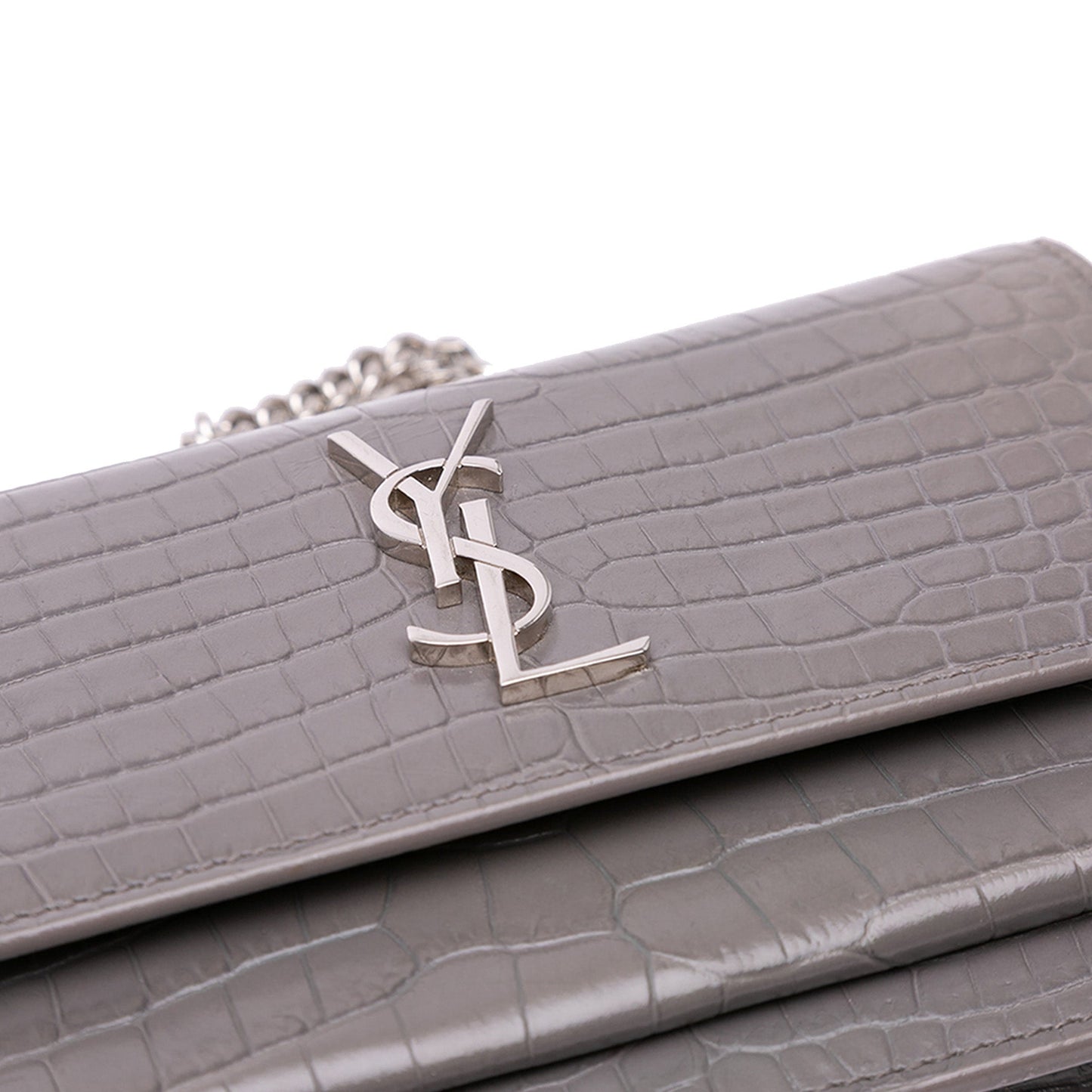 Saint Laurent Croc Embossed Leather Monogram Sunset Chain Wallet Gray