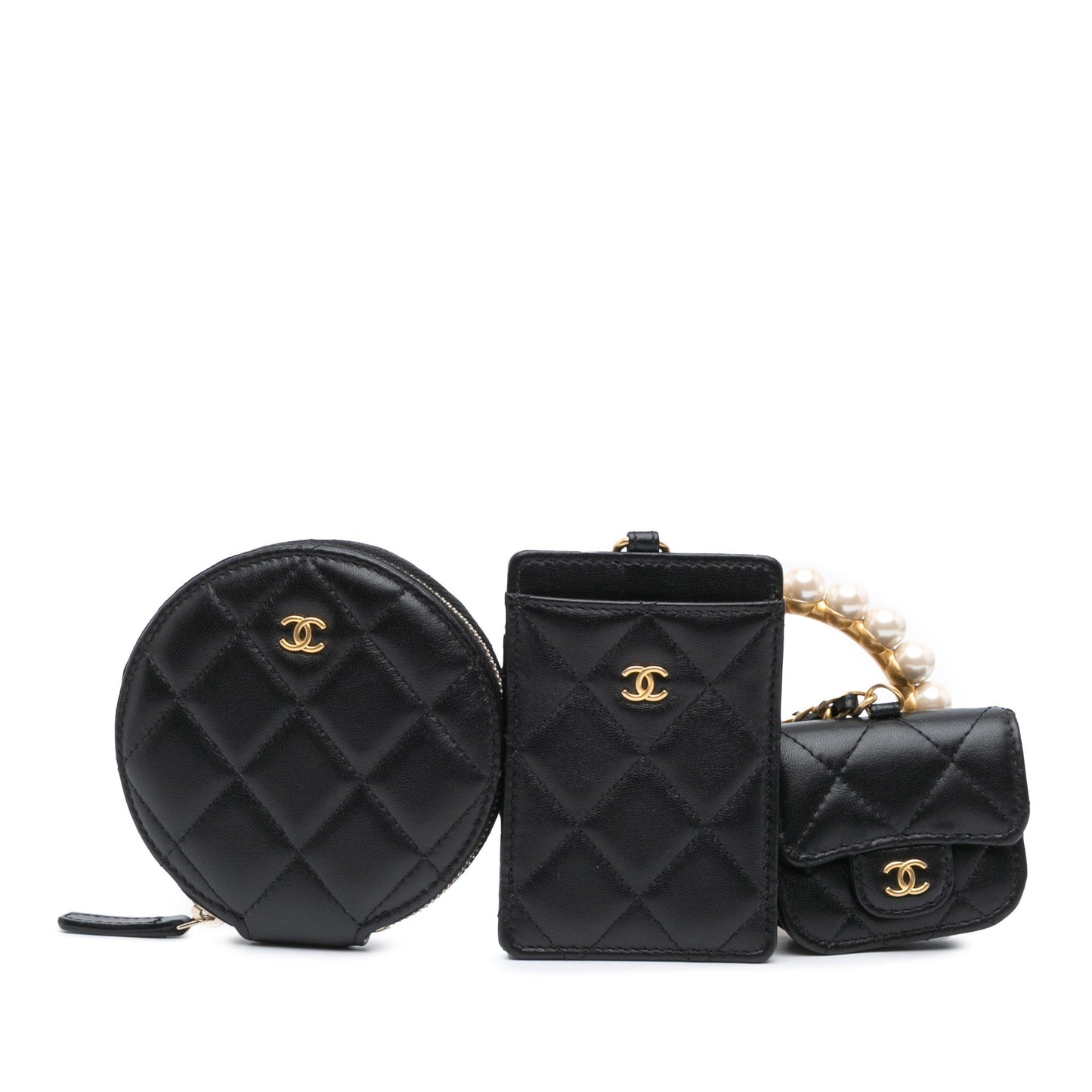 Chanel Lambskin Pearl Crown CC Wristlet Multi Pouches Black