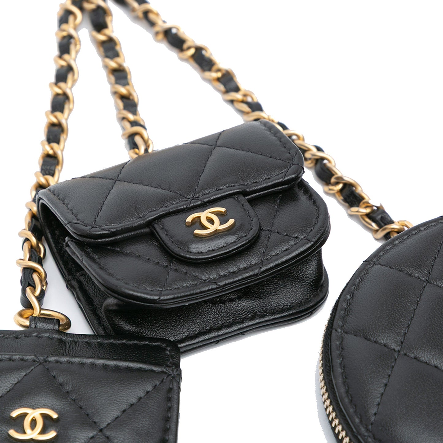 Chanel Lambskin Pearl Crown CC Wristlet Multi Pouches Black