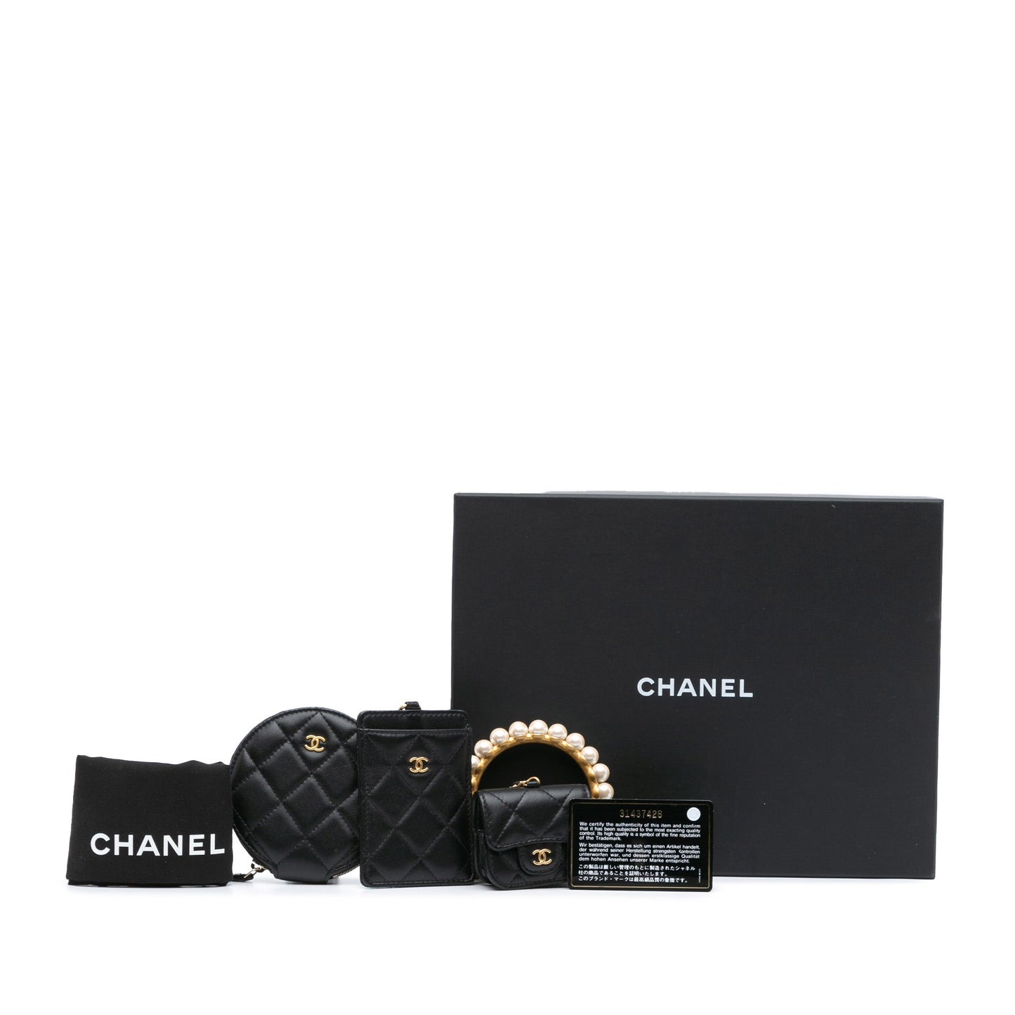 Chanel Lambskin Pearl Crown CC Wristlet Multi Pouches Black