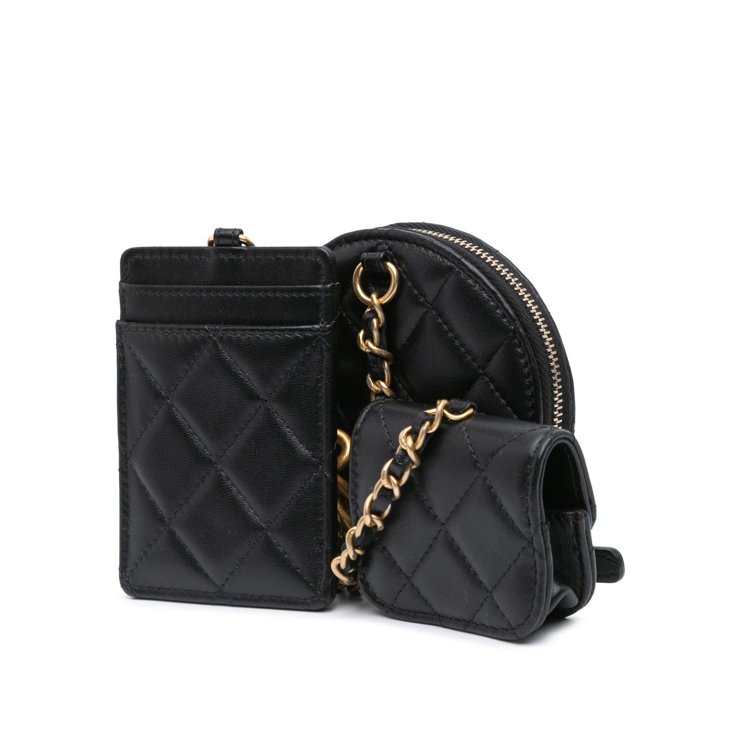 Chanel Lambskin Pearl Crown CC Wristlet Multi Pouches Black