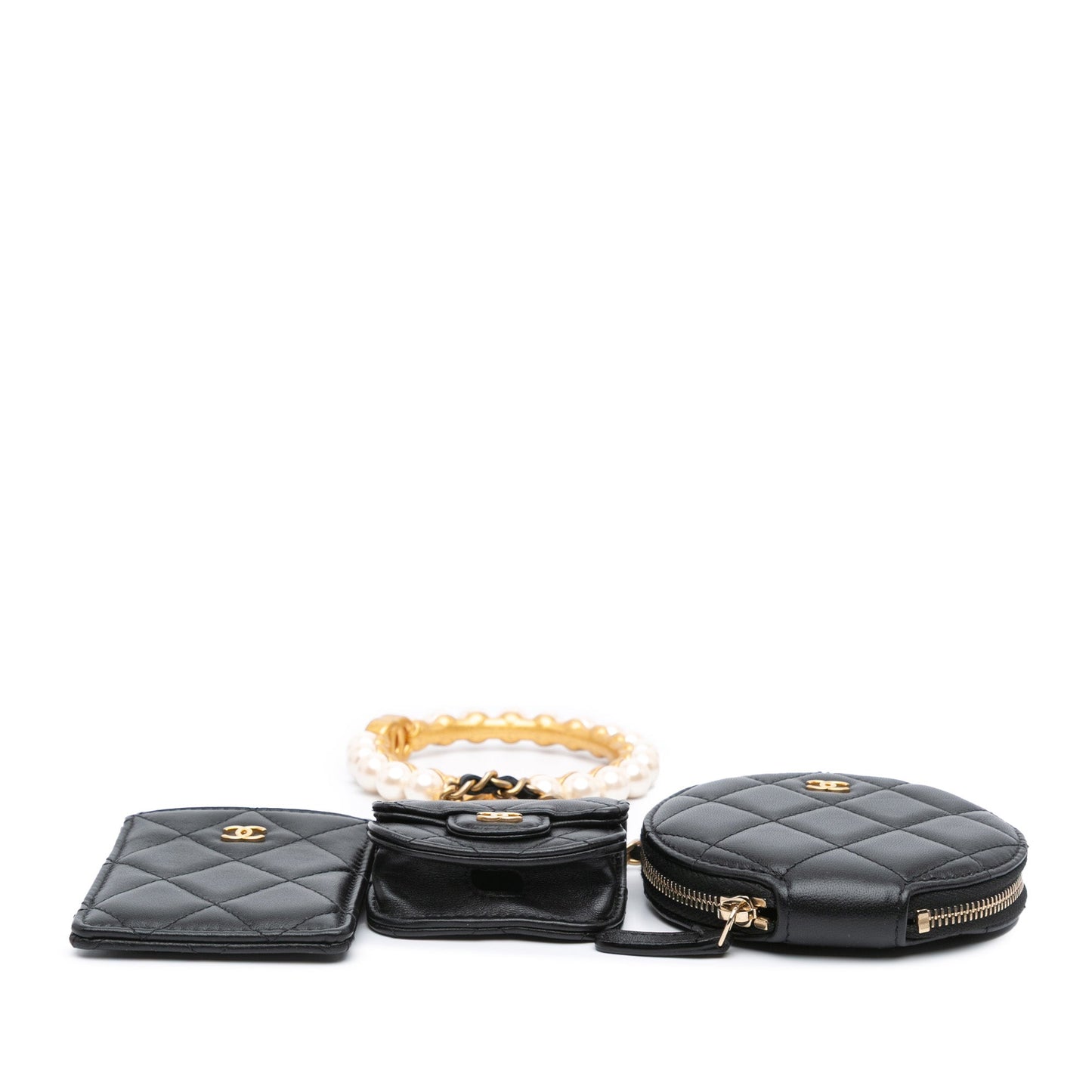 Chanel Lambskin Pearl Crown CC Wristlet Multi Pouches Black