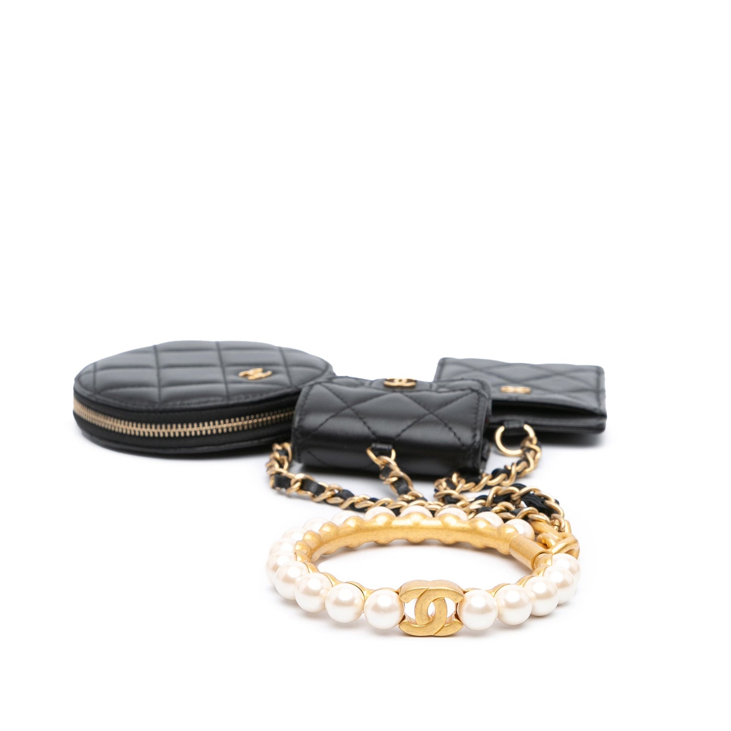 Chanel Lambskin Pearl Crown CC Wristlet Multi Pouches Black