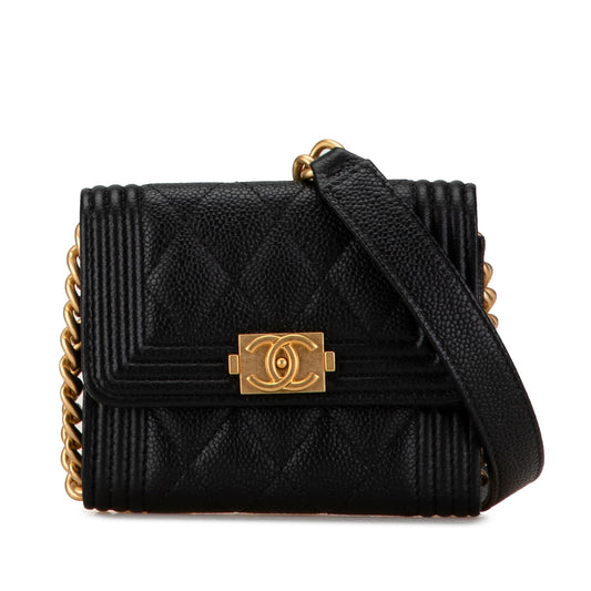 Chanel Quilted Caviar Boy Card Holder with Chain Black