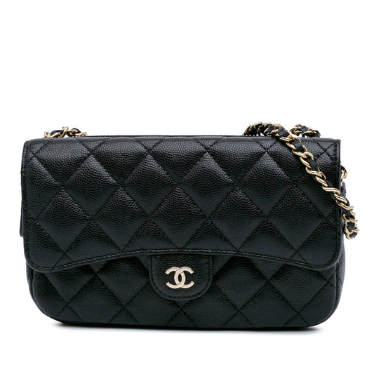 Chanel CC Quilted Caviar Flap Phone Holder Wallet on Chain Black