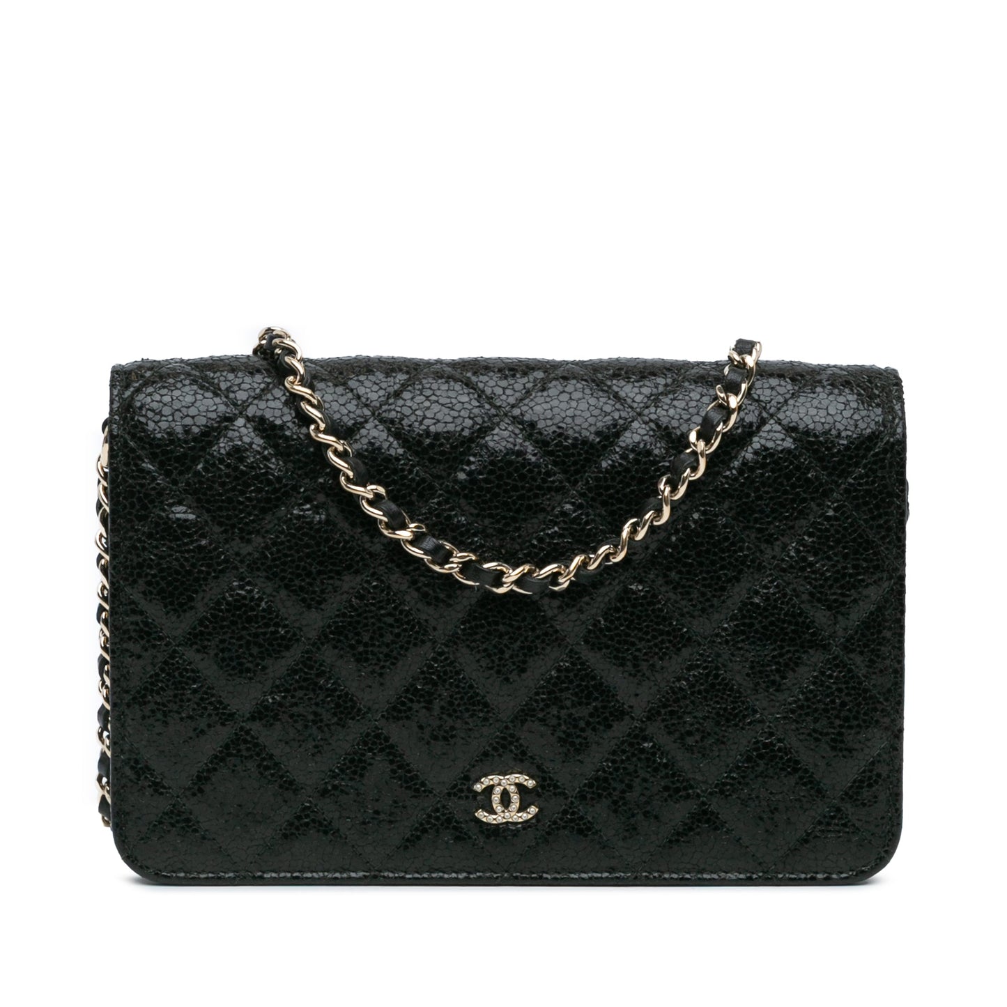 Chanel Quilted Crackled Patent Calfskin Pearl Wallet On Chain Black