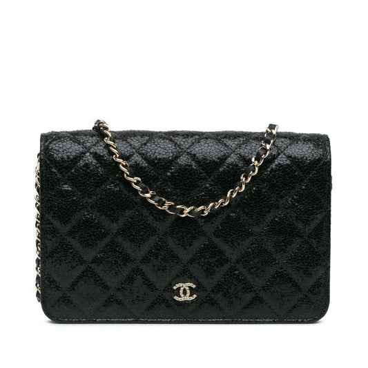 Chanel Quilted Crackled Patent Calfskin Pearl Wallet On Chain Black