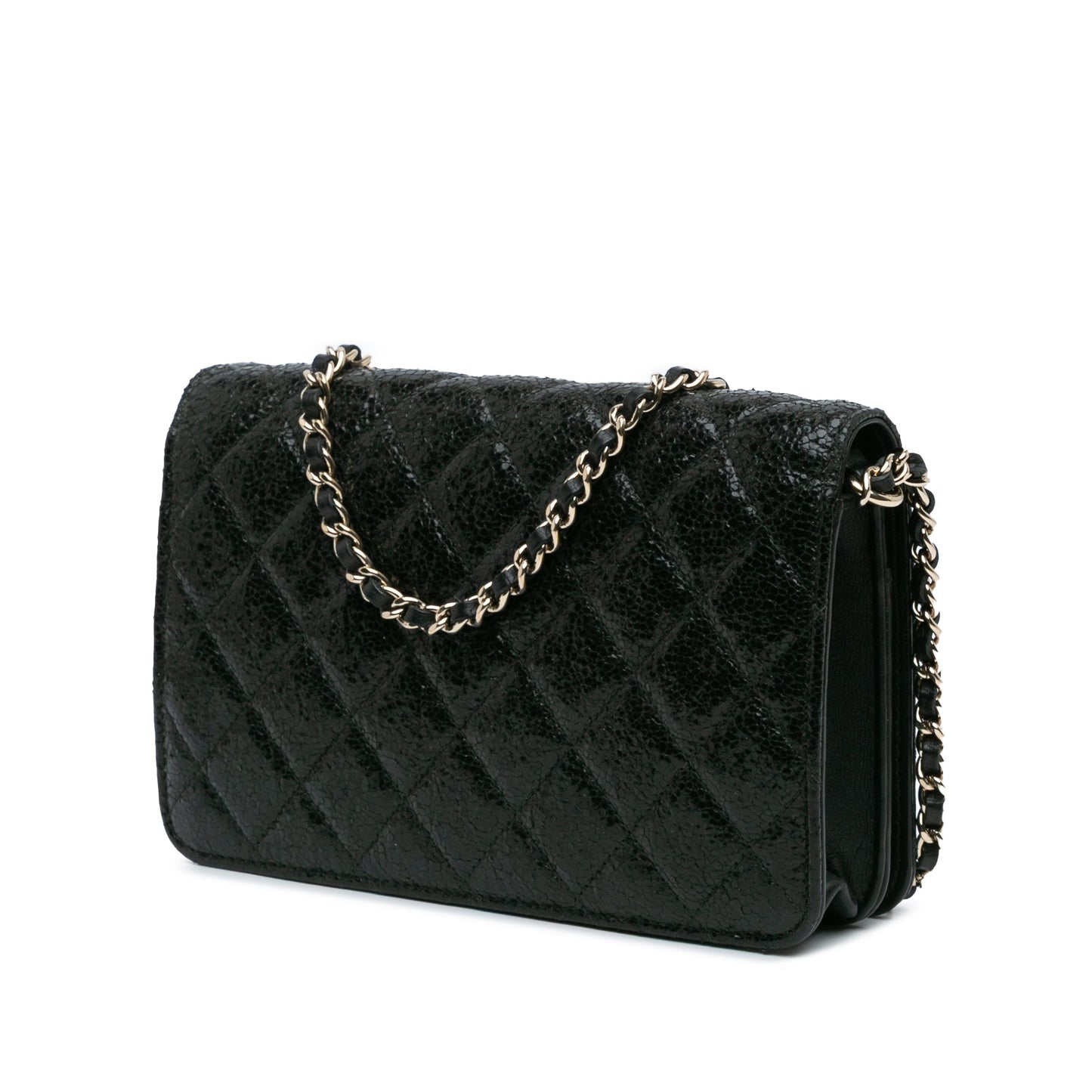 Chanel Quilted Crackled Patent Calfskin Pearl Wallet On Chain Black