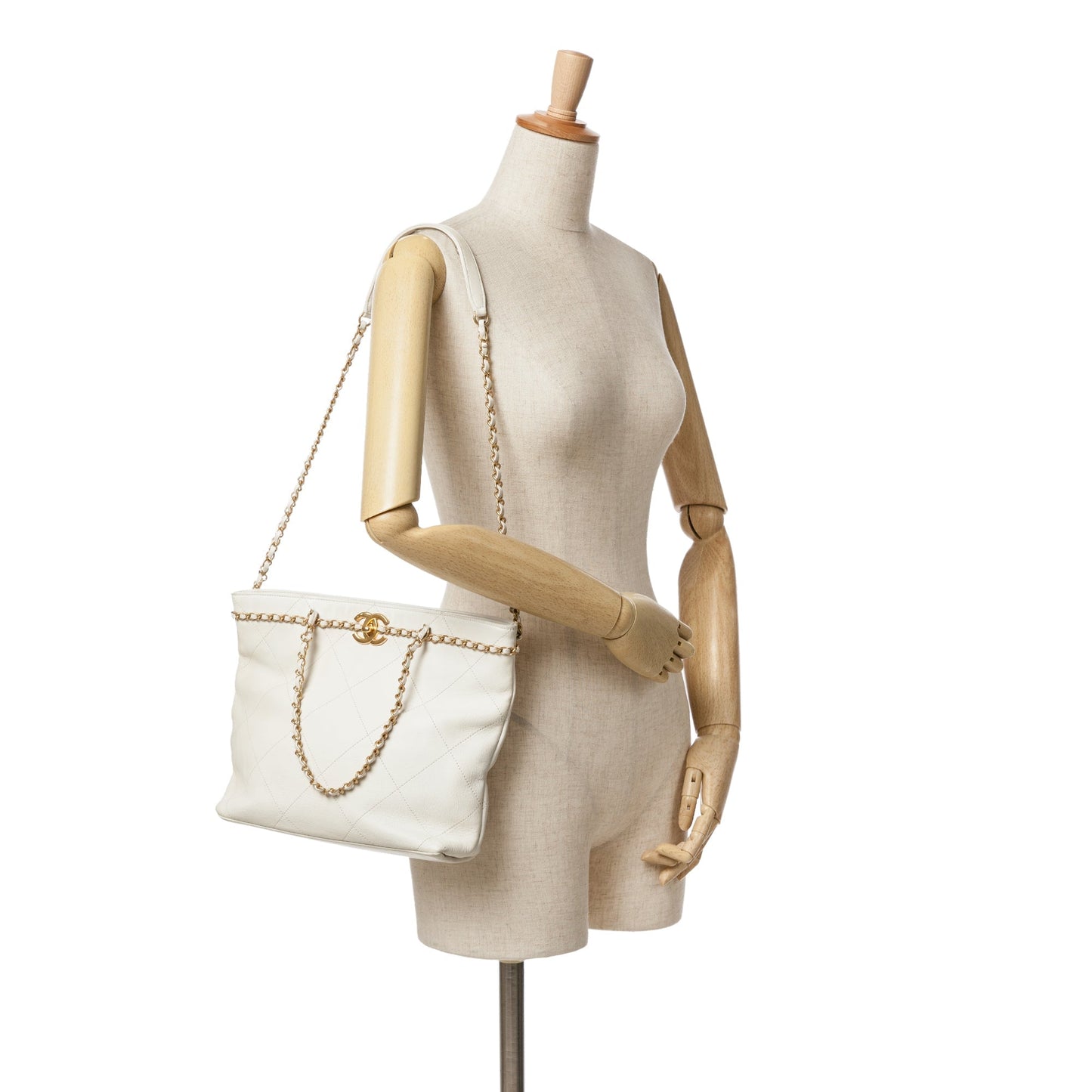 Chanel Quilted Calfskin CC Lock Chain Shopping Tote White