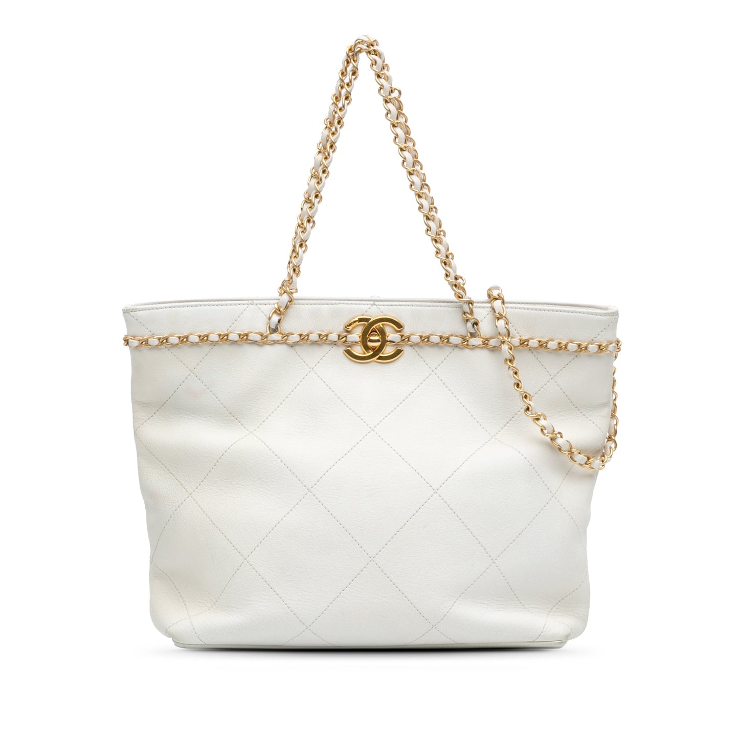 Chanel Quilted Calfskin CC Lock Chain Shopping Tote White
