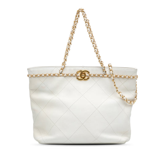 Chanel Quilted Calfskin CC Lock Chain Shopping Tote White