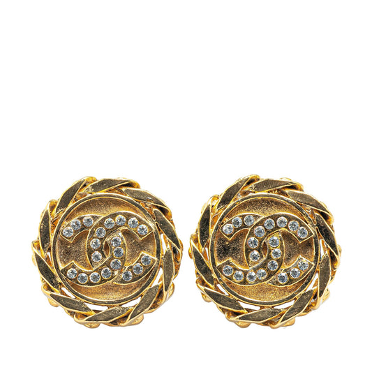 Chanel Gold Plated CC Rhinestones Clip on Earrings Gold
