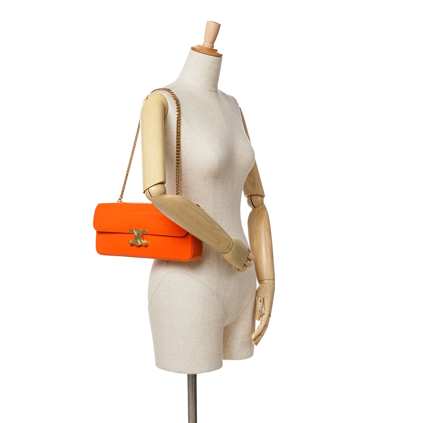 Celine Triomphe Calfskin Cuir Chain Shoulder Bag Orange
