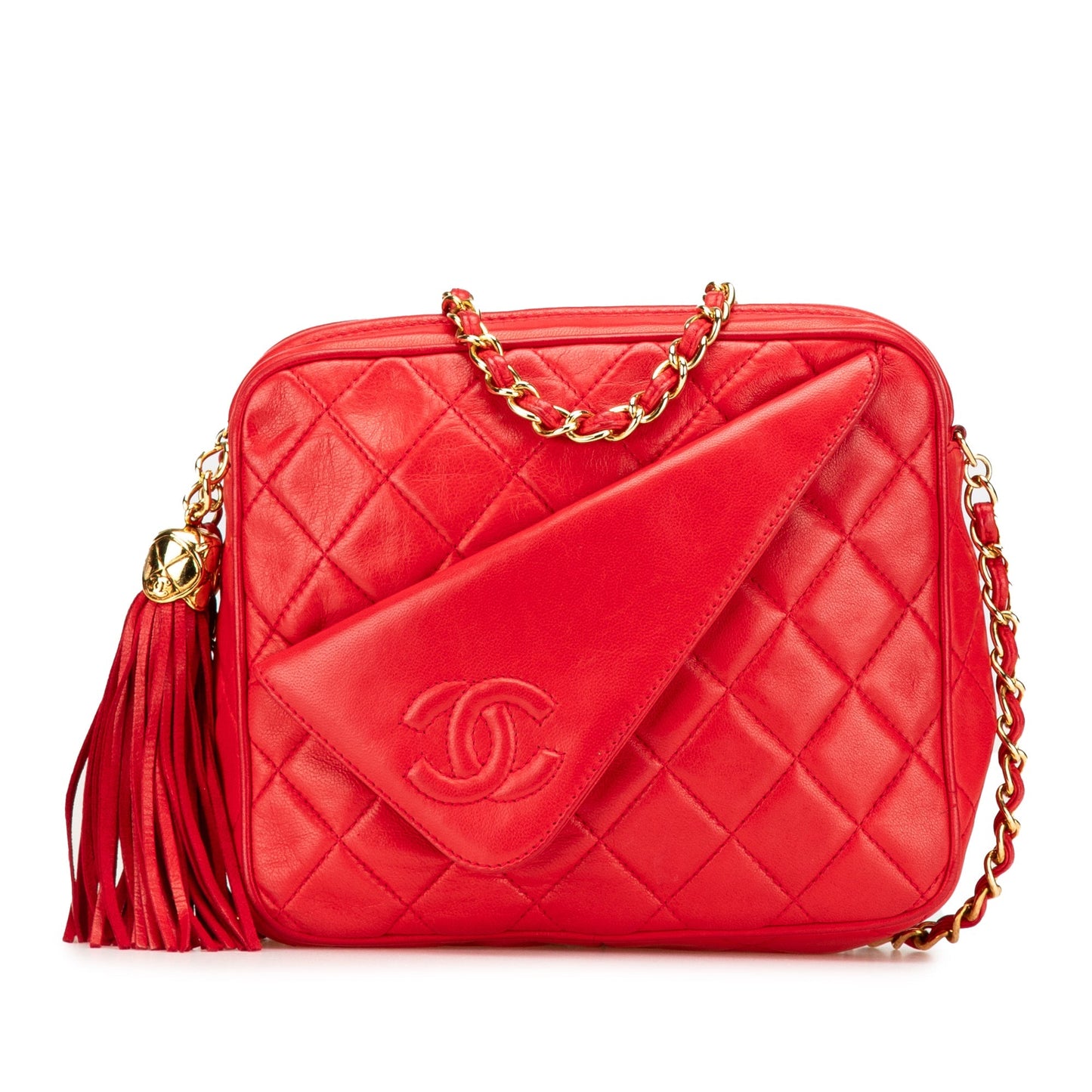 Chanel CC Quilted Lambskin Tassel Camera Bag Red