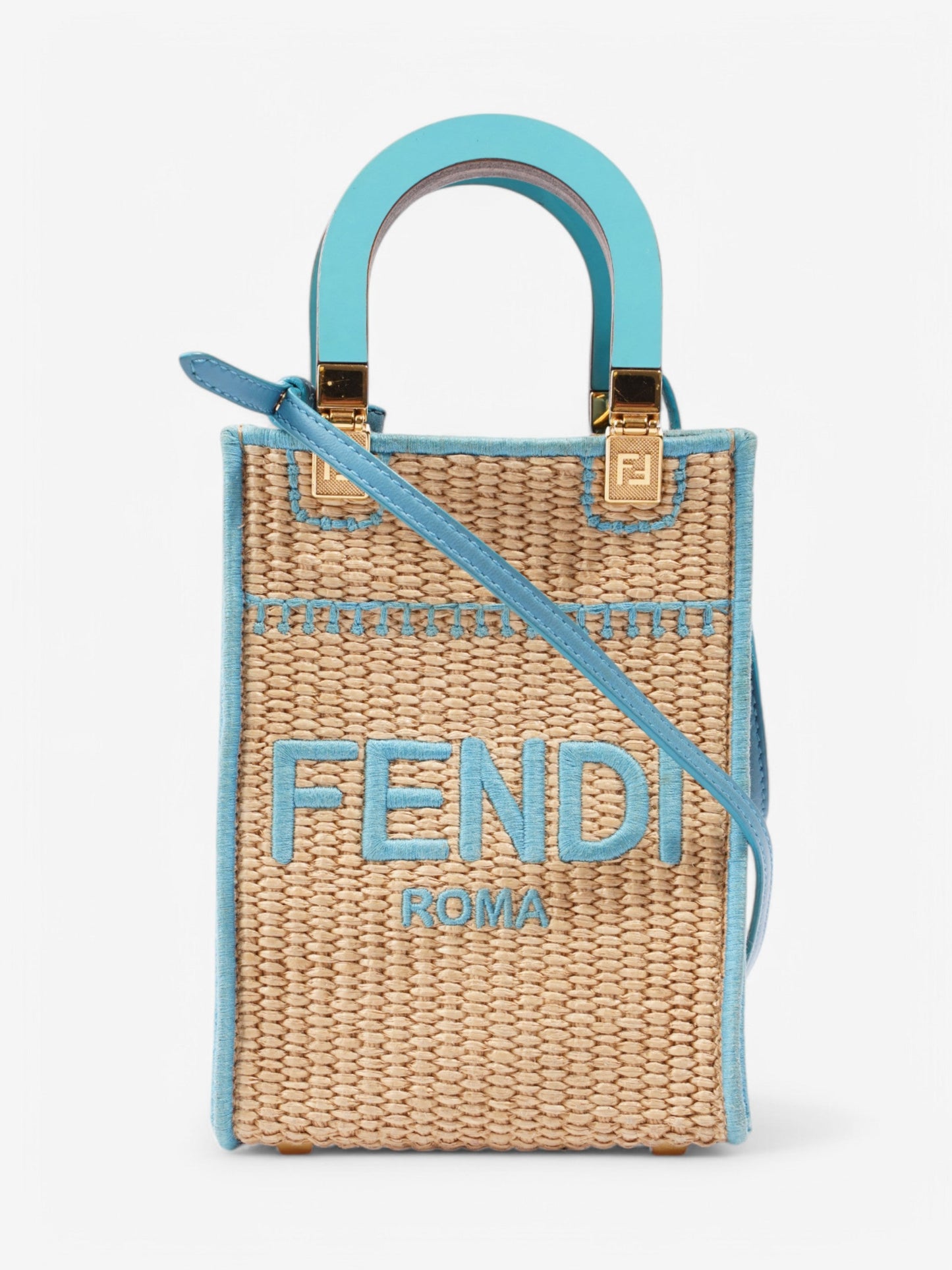 Fendi Sunshine Shopper Beige / Blue Raffia Mini