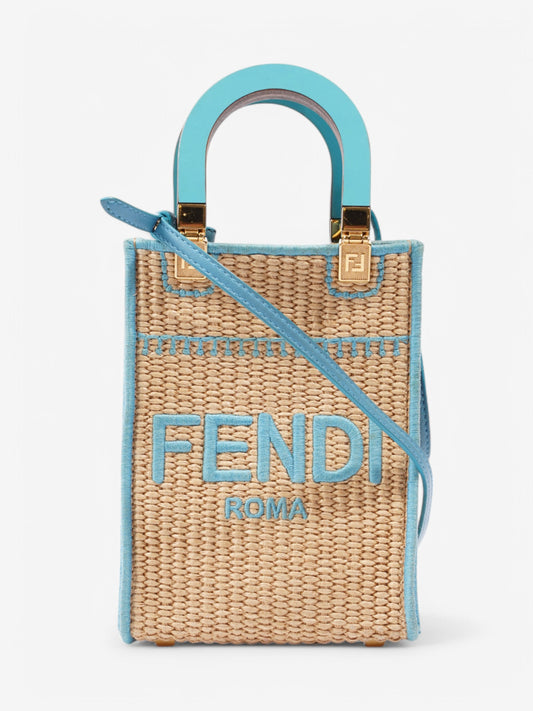 Fendi Sunshine Shopper Beige / Blue Raffia Mini