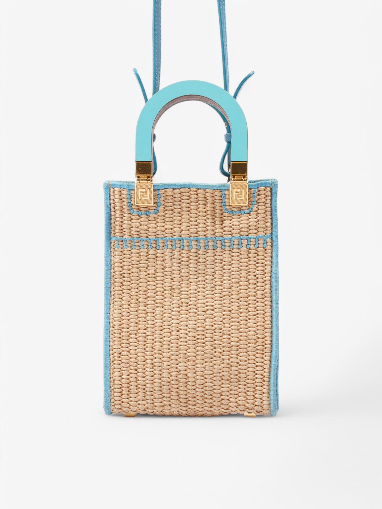 Fendi Sunshine Shopper Beige / Blue Raffia Mini