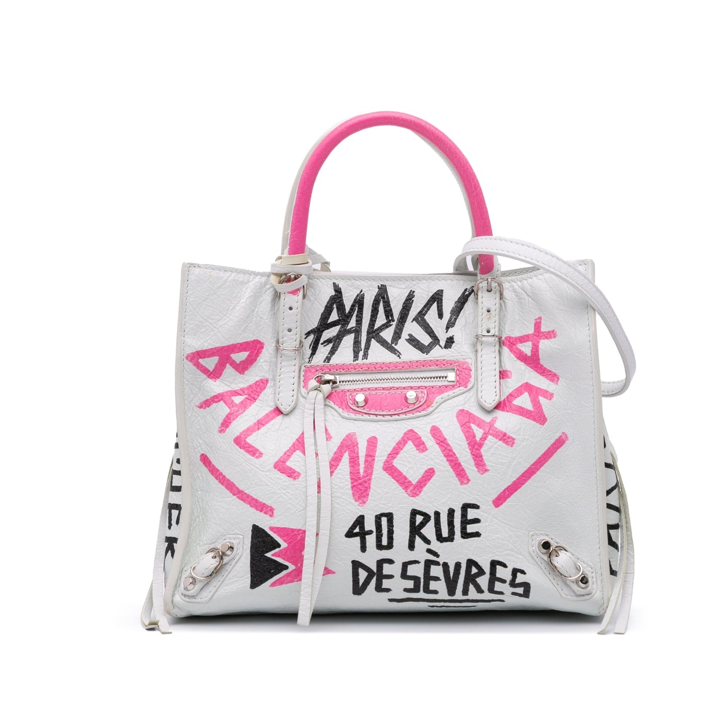 Balenciaga Mini Lambskin Graffiti Papier A4 Zip Around Satchel White