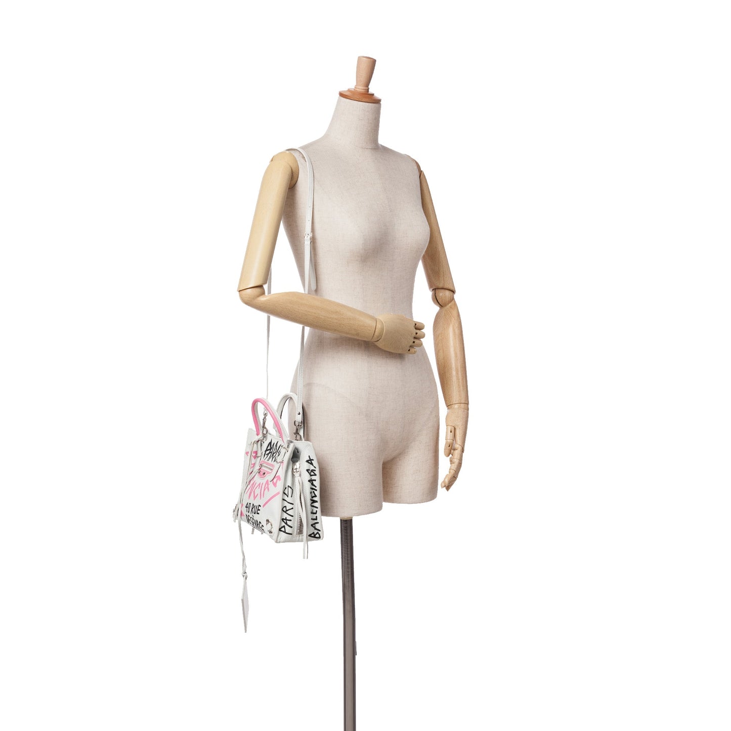 Balenciaga Mini Lambskin Graffiti Papier A4 Zip Around Satchel White
