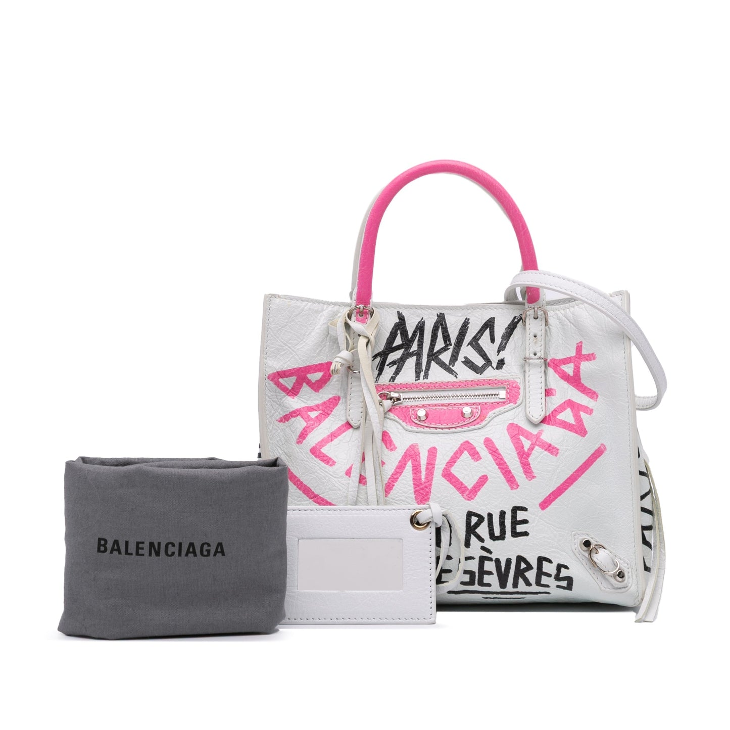 Balenciaga Mini Lambskin Graffiti Papier A4 Zip Around Satchel White