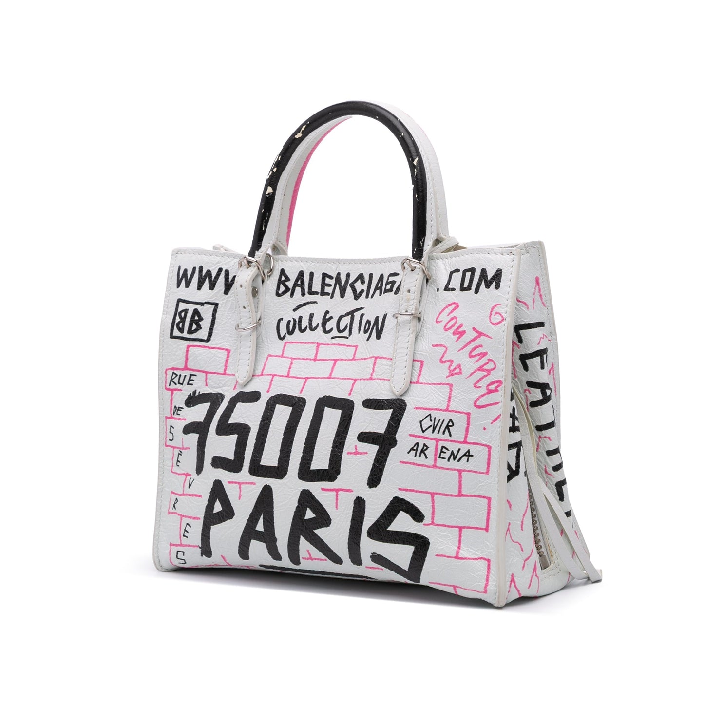 Balenciaga Mini Lambskin Graffiti Papier A4 Zip Around Satchel White
