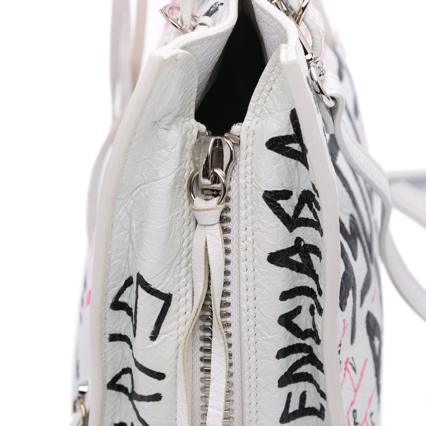 Balenciaga Mini Lambskin Graffiti Papier A4 Zip Around Satchel White